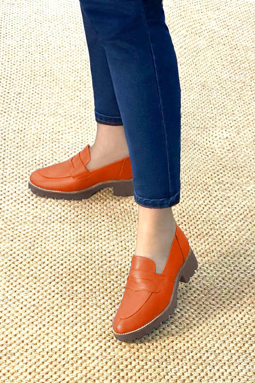 Clementine orange women's casual loafers. Round toe. Low rubber soles. Worn view - Florence KOOIJMAN
